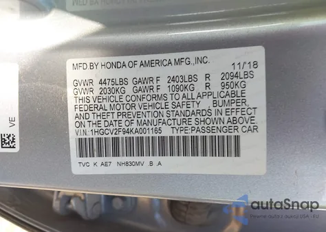 2019 Honda Accord Touring 2.0T из США, поврежденный, VIN 1HGCV2F94KA001165